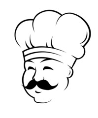 Smiling chef with a curling black moustache