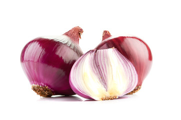 Red sliced onion isolated on white background