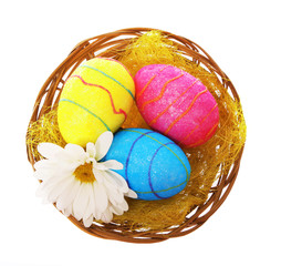 Happy Easter. Colorful Glitter Eggs with Chamomile Flower