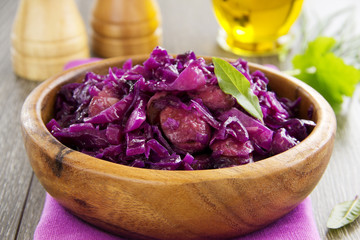 Braised red cabbage with sausages.