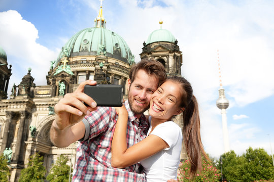 Travel couple selfie self portrait, Berlin Germany