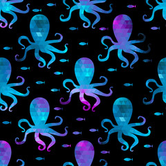 seamless pattern with octopus and fishes. Colorful mosaic backdr