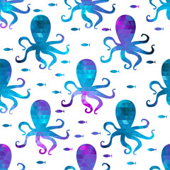 seamless pattern with octopus and fishes. Colorful mosaic backdr - 63226633