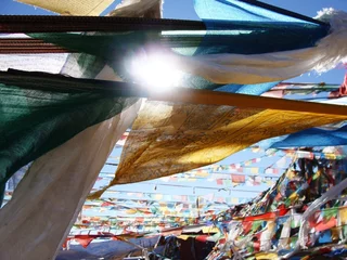 Tuinposter Prayer flags on highest land Tibet © purplebear
