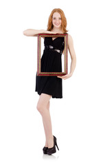 Woman with picture frame isolated on white