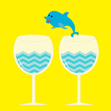 Cocktail drink glasses and jumping dolphin.