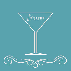 Menu cover design with martini glass. Abstract calligraphic elem