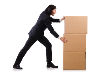 Funny man with boxes on white