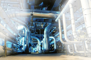 Sketch of piping design mixed with industrial equipment photo