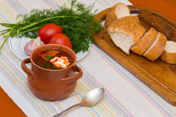 Ukrainian soup and bread with vegetables