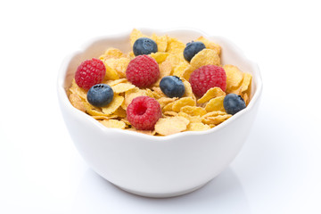 corn flakes with berries, isolated