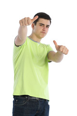 Fototapeta premium young man thumbs up white background