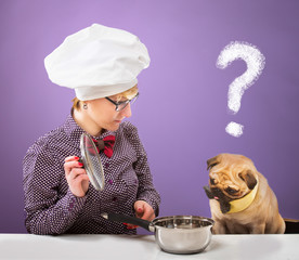 Woman and her dog looking at a pot with quizzical expression