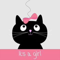 Cute cartoon black cat with blue bow. Baby shower card. It’s a g