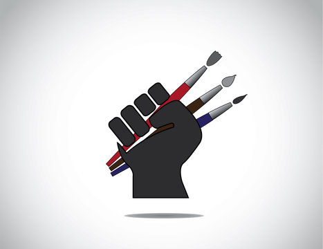 Human Hand Fist Holding Different Colorful Paint Brushes Symbol