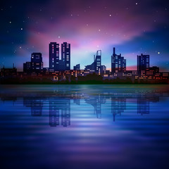Plakat abstract night background with silhouette of city