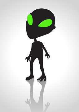Silhouette illustration of an alien with glowing green eyes