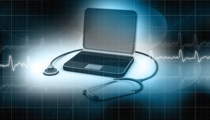 Medical stethoscope on a laptop computer.