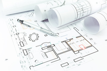 Home construction plans and pencil