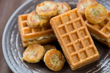 Close-up of waffles with grilled banana slices, horizontal shot