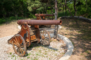 Fototapeta premium Old Russian cannons on wheels