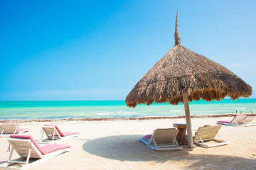 view of the tropical beach with umbrella and multiple beds
