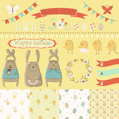Easter scrapbook set - labels, ribbons, seamless patterns 
