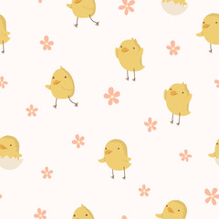 Fototapeta premium Easter concept seamless pattern. Cute small chickens in flowers.