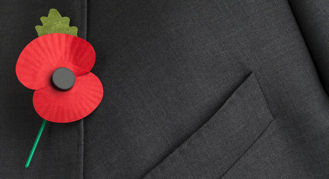 Poppy on jacket lapel for Remembrance, Armistice and Anzac Day.