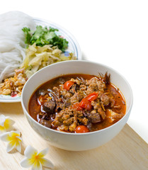 Thai rice noodles with spicy pork sauce