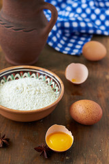 Baking ingredients: eggs, milk, flour