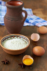 Baking ingredients: eggs, milk, flour