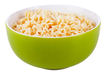 Tasty instant noodles in bowl isolated on white