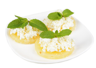 Tasty pineapple with cottage cheese, isolated on white
