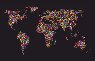 Grunge colourful collage of world map on black background