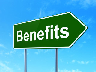 Finance concept: Benefits on road sign background
