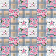 Patchwork seamless floral checkered pattern background