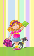 Template greeting card with schoolgirl