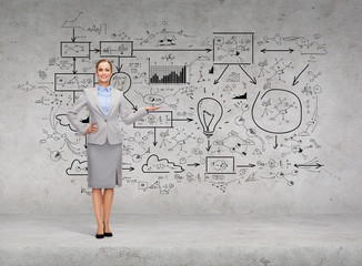 businesswoman showing big plan on concrete wall