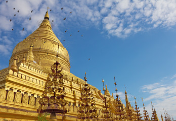 Shwezigon Pagoda(Paya) with flying doves in Bagan