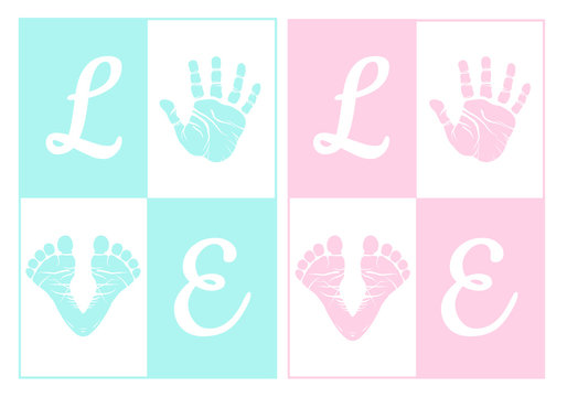 baby boy and girl, handprint, footprint, vector set