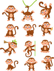 Naklejka premium Zestaw kolekcja kreskówka szczęśliwy małpa