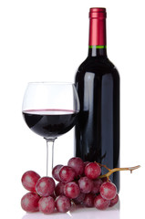 Bottle and glass of wine with red grapes