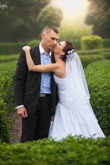 Portrait of bride kissing groom at garden