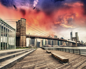 Brooklyn Bridge Park, New York. Beautiful view of Bridge and Man