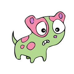 Worried cute little green dog with pink spots.
