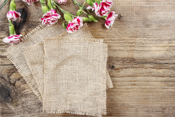 Red and white carnation flowers on wooden background. Copy space