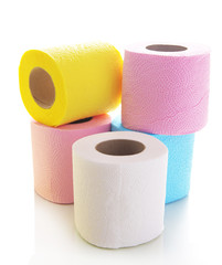 Colorful toilet paper rolls isolated on white