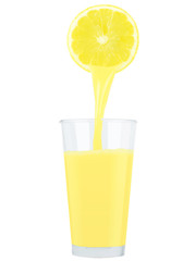 Fresh lemon juice flowing from lemon piece in glass 