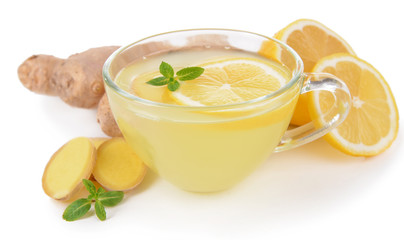 Healthy ginger tea with lemon and honey isolated on white